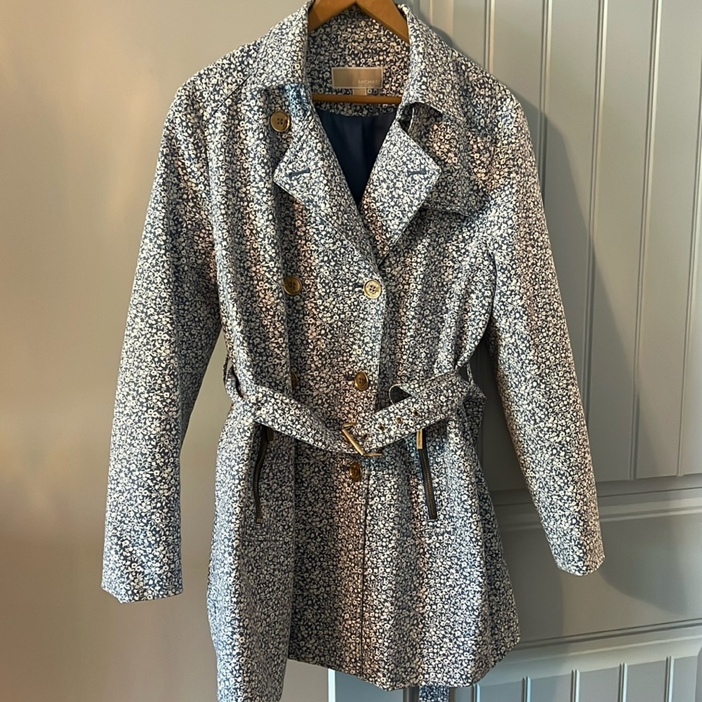 MICHAEL Michael Kors Navy and White Floral Trench Coat
